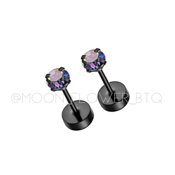 Tiny Black Rainbow CZ Flat Back Earrings • Stainless Steel Hypoallergenic Studs - Picture 5 of 6